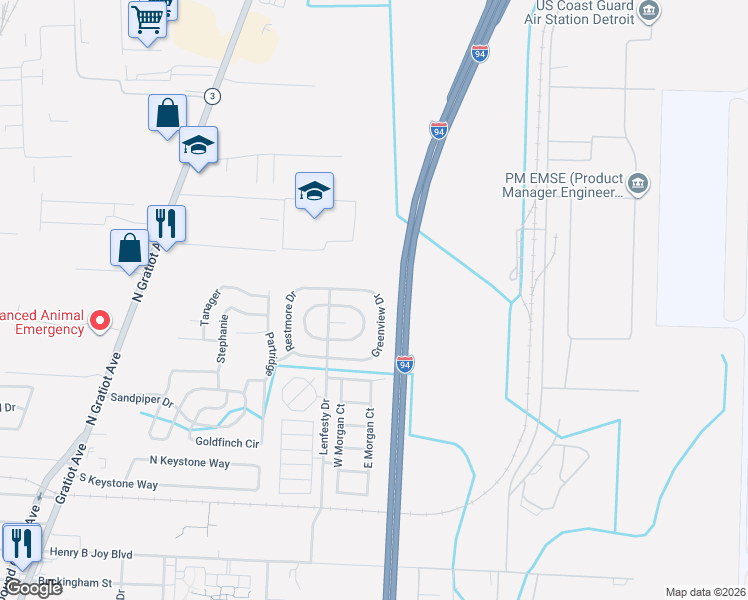 map of restaurants, bars, coffee shops, grocery stores, and more near 43574 Terrain Drive in Harrison Township