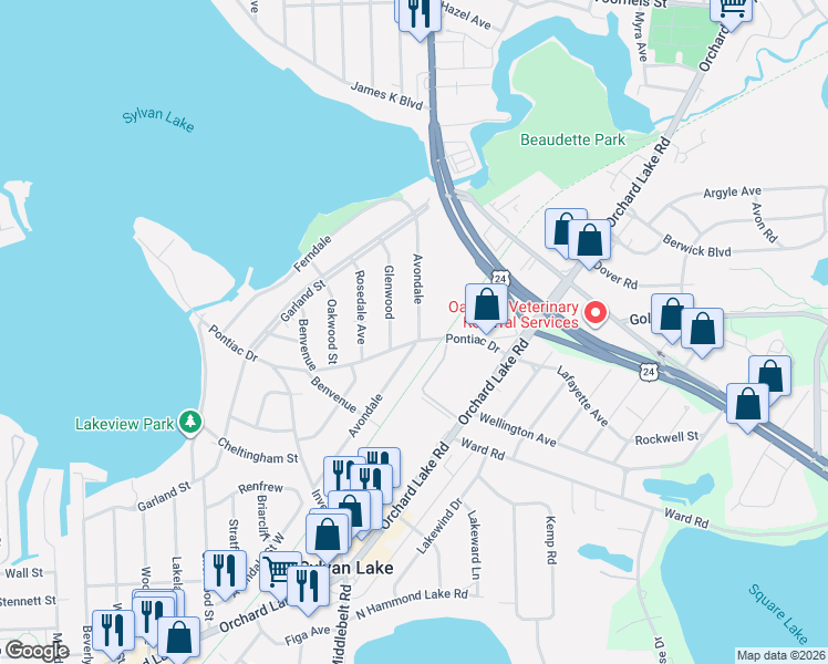 map of restaurants, bars, coffee shops, grocery stores, and more near 1489 Glenwood in Sylvan Lake