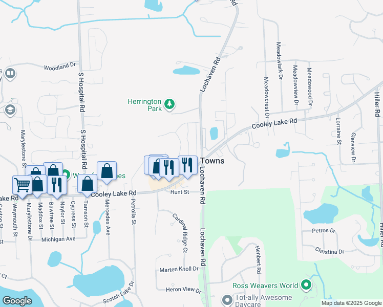 map of restaurants, bars, coffee shops, grocery stores, and more near 1379 Briarwood Court in Waterford Township