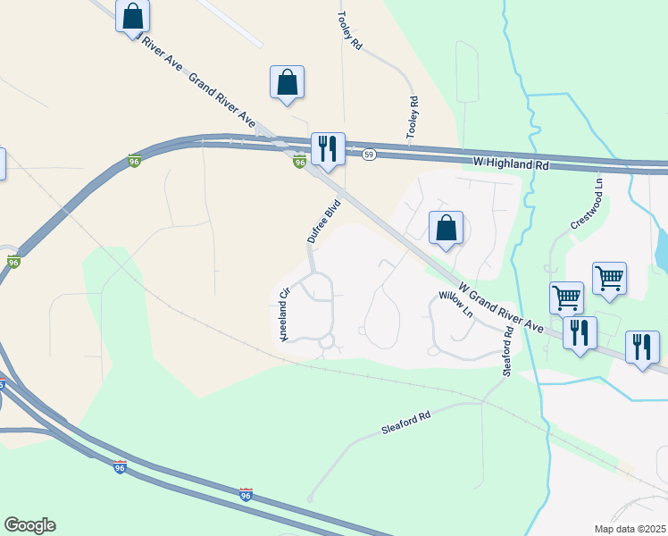 map of restaurants, bars, coffee shops, grocery stores, and more near 3058 Kneeland Circle in Howell