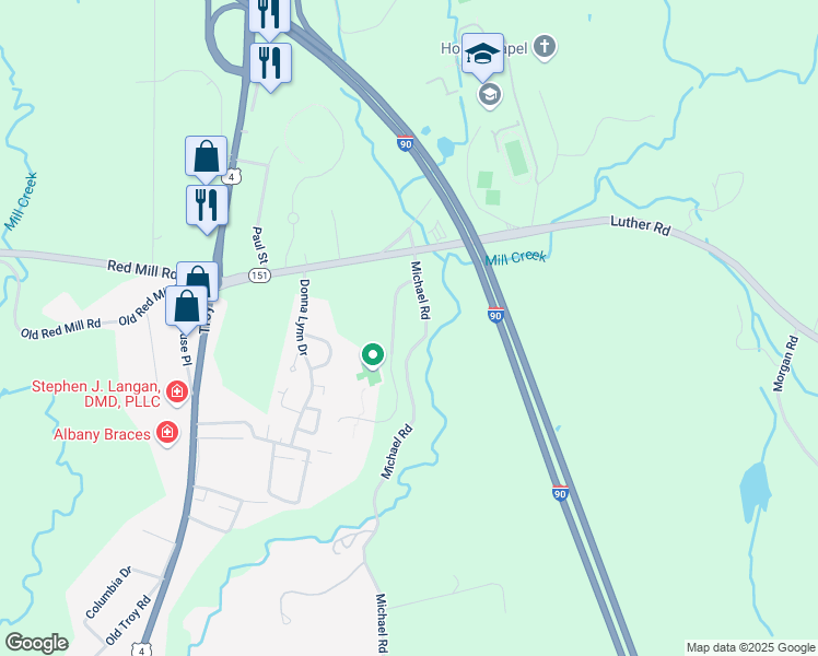 map of restaurants, bars, coffee shops, grocery stores, and more near 305 Michael Road in East Greenbush