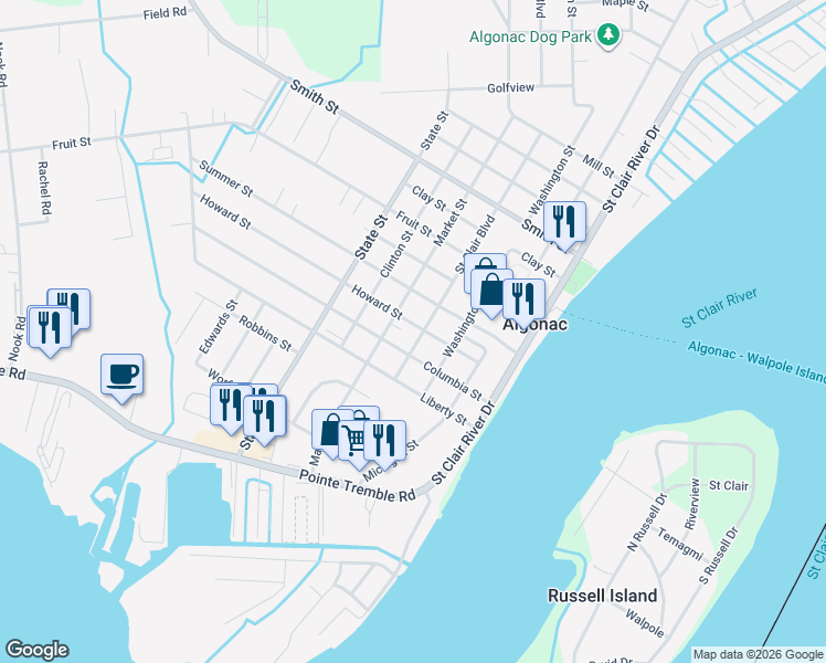 map of restaurants, bars, coffee shops, grocery stores, and more near 819 Saint Clair Boulevard in Algonac