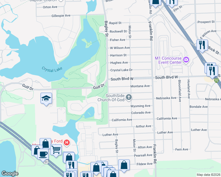 map of restaurants, bars, coffee shops, grocery stores, and more near 608 Nevada Avenue in Pontiac