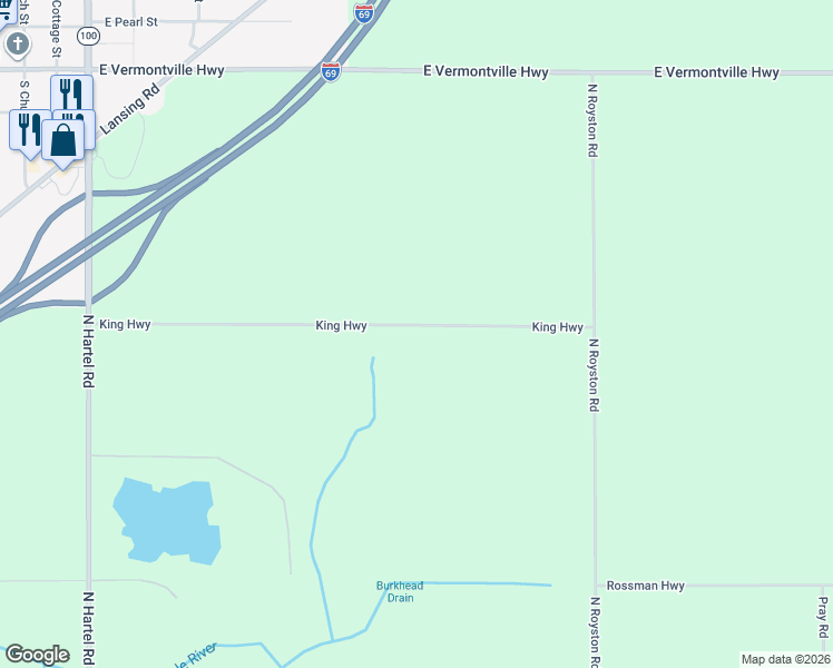 map of restaurants, bars, coffee shops, grocery stores, and more near 5640 King Highway in Potterville