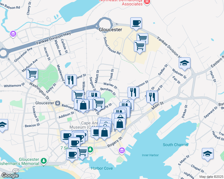 map of restaurants, bars, coffee shops, grocery stores, and more near 28 Burnham Street in Gloucester