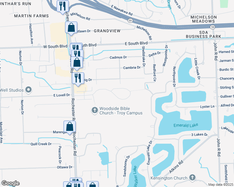 map of restaurants, bars, coffee shops, grocery stores, and more near 1327 Alameda Boulevard in Troy