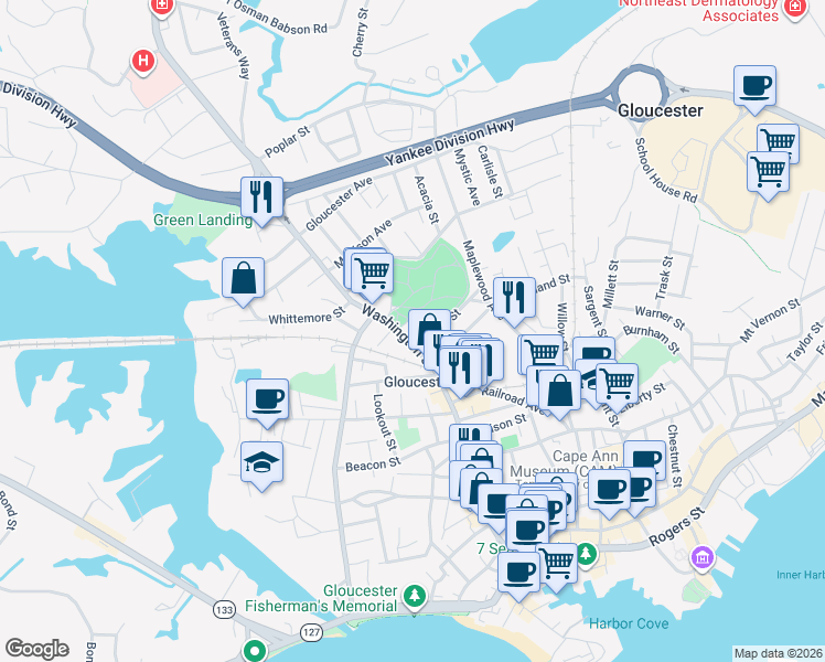 map of restaurants, bars, coffee shops, grocery stores, and more near 162 Washington Street in Gloucester
