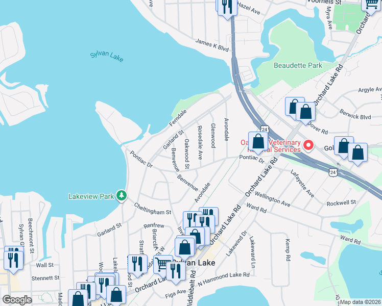 map of restaurants, bars, coffee shops, grocery stores, and more near 1466 Oakwood Street in Sylvan Lake