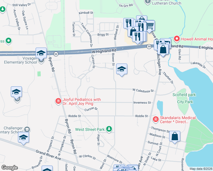 map of restaurants, bars, coffee shops, grocery stores, and more near 420 West Caledonia Street in Howell