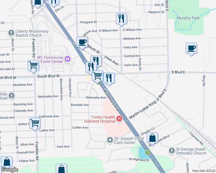 map of restaurants, bars, coffee shops, grocery stores, and more near 44784 Woodward Avenue in Pontiac