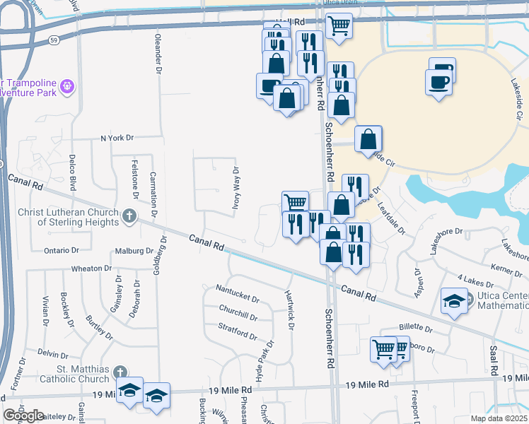 map of restaurants, bars, coffee shops, grocery stores, and more near 44028 Elm Drive in Sterling Heights