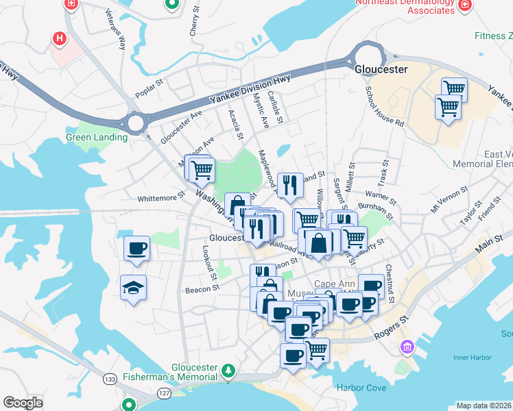 map of restaurants, bars, coffee shops, grocery stores, and more near 29 Myrtle Square in Gloucester
