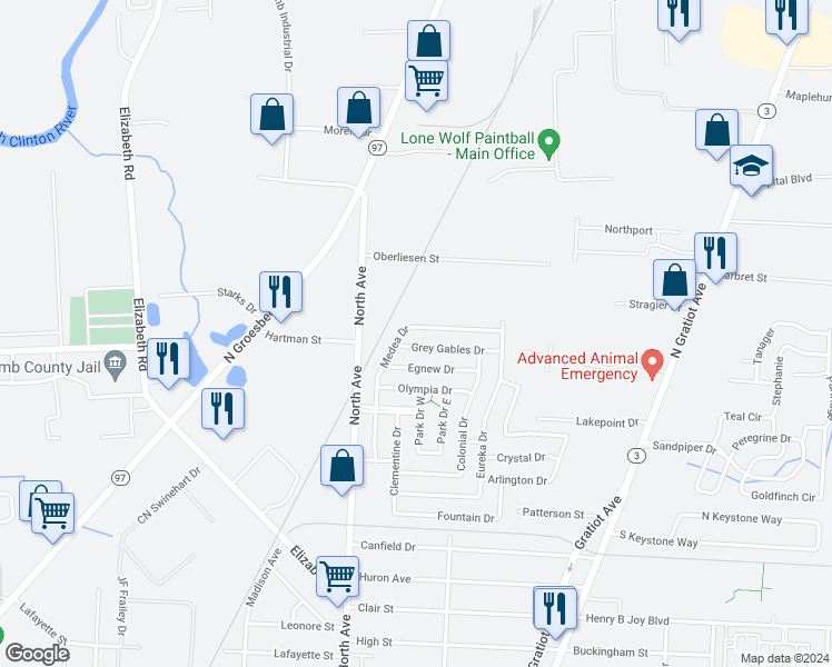 map of restaurants, bars, coffee shops, grocery stores, and more near 43716 Medea Drive in Charter Township of Clinton