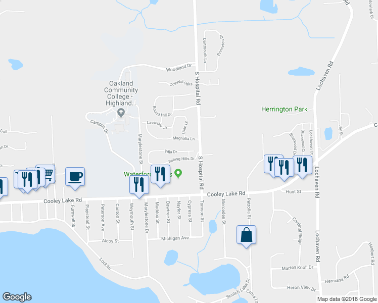 map of restaurants, bars, coffee shops, grocery stores, and more near 7017 Villa Drive in Waterford Township