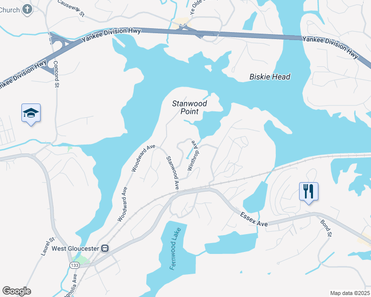 map of restaurants, bars, coffee shops, grocery stores, and more near 42 Winthrop Avenue in Gloucester