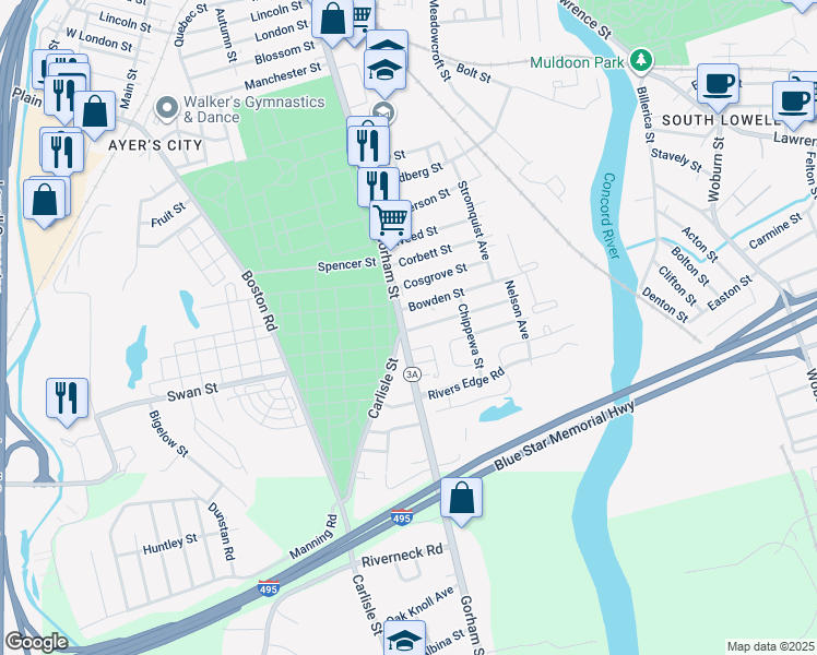 map of restaurants, bars, coffee shops, grocery stores, and more near 1392 Gorham Street in Lowell