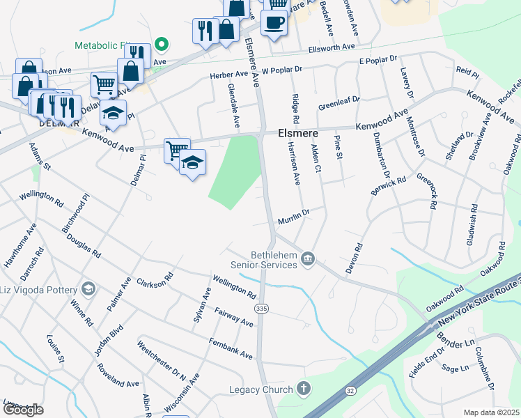map of restaurants, bars, coffee shops, grocery stores, and more near 77 Elsmere Avenue in Delmar