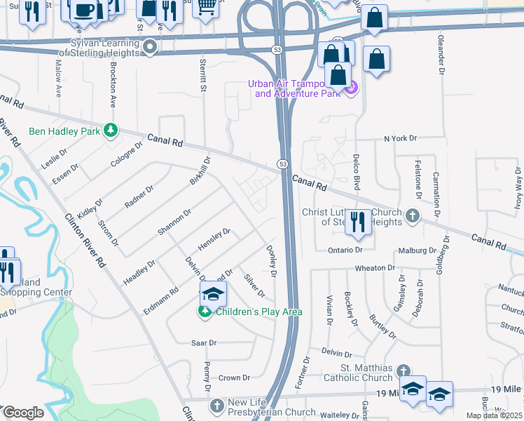 map of restaurants, bars, coffee shops, grocery stores, and more near 44036 Donley Drive in Sterling Heights