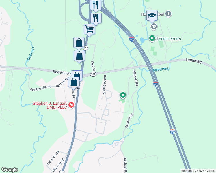 map of restaurants, bars, coffee shops, grocery stores, and more near 51 Stirrup Drive in East Greenbush