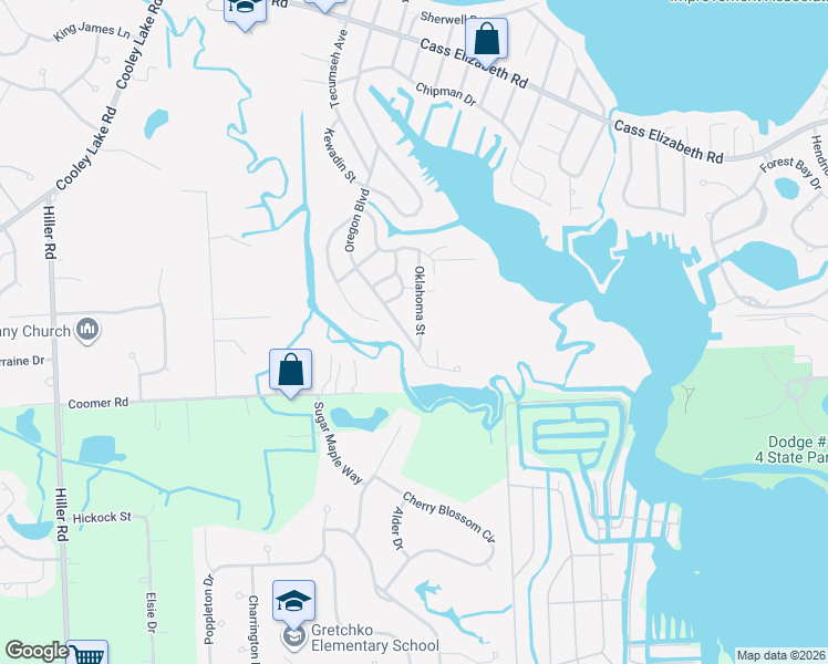 map of restaurants, bars, coffee shops, grocery stores, and more near 1405 Oregon Boulevard in Waterford Township