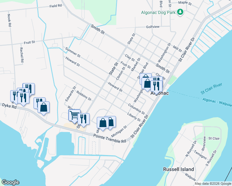 map of restaurants, bars, coffee shops, grocery stores, and more near 723 Market Street in Algonac