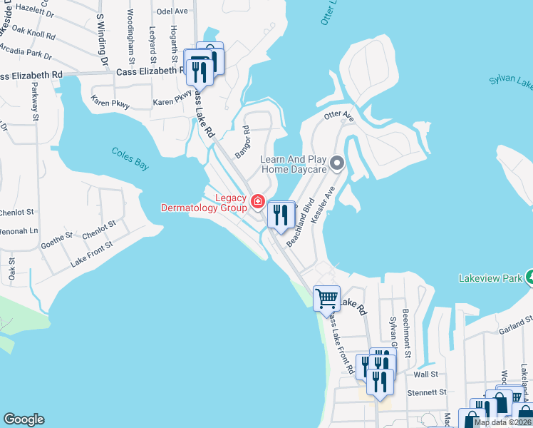 map of restaurants, bars, coffee shops, grocery stores, and more near 1427 South Cass Lake Road in Waterford Township
