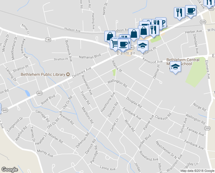 map of restaurants, bars, coffee shops, grocery stores, and more near 20 Winne Road in Delmar