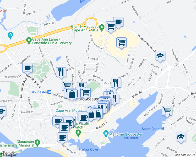 map of restaurants, bars, coffee shops, grocery stores, and more near 28 Burnham Street in Gloucester