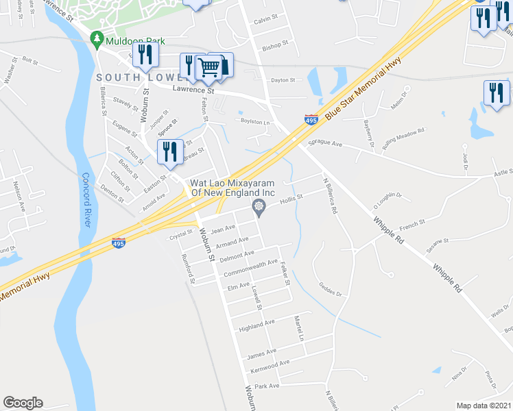 map of restaurants, bars, coffee shops, grocery stores, and more near 11 Hollis Street in Lowell