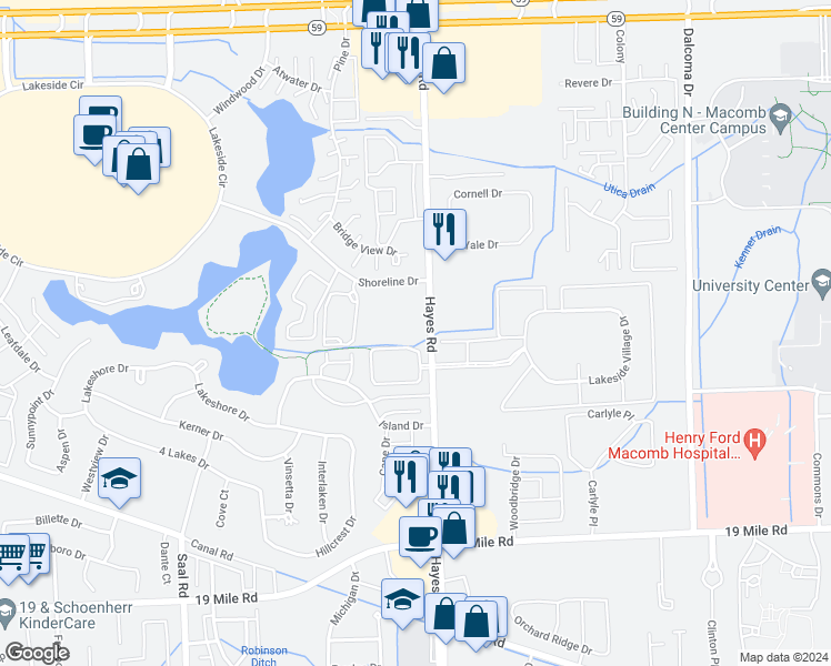 map of restaurants, bars, coffee shops, grocery stores, and more near 15150 Shoreline Drive in Sterling Heights