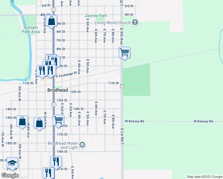 map of restaurants, bars, coffee shops, grocery stores, and more near 204 12th Street in Brodhead