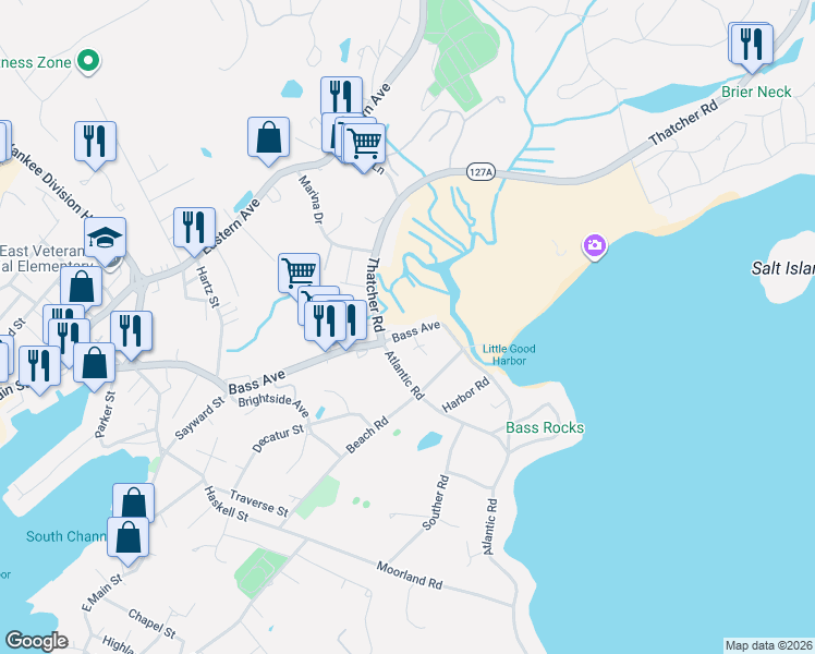map of restaurants, bars, coffee shops, grocery stores, and more near 113 Bass Avenue in Gloucester