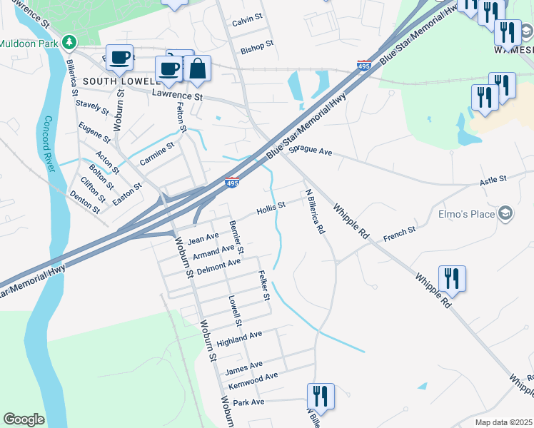 map of restaurants, bars, coffee shops, grocery stores, and more near 55 Hollis Street in Lowell