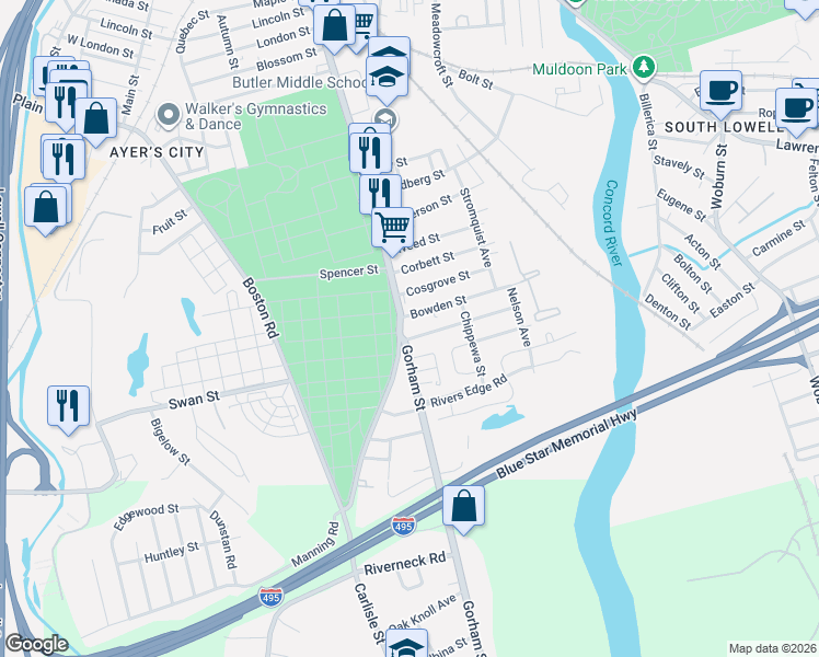 map of restaurants, bars, coffee shops, grocery stores, and more near 1392 Gorham Street in Lowell