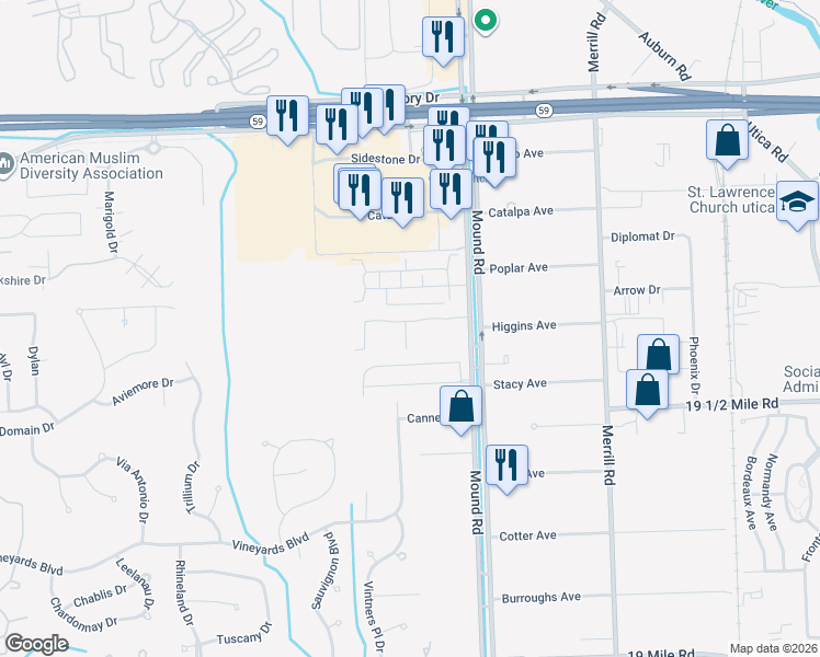 map of restaurants, bars, coffee shops, grocery stores, and more near 5196 Pine Aires Drive in Sterling Heights