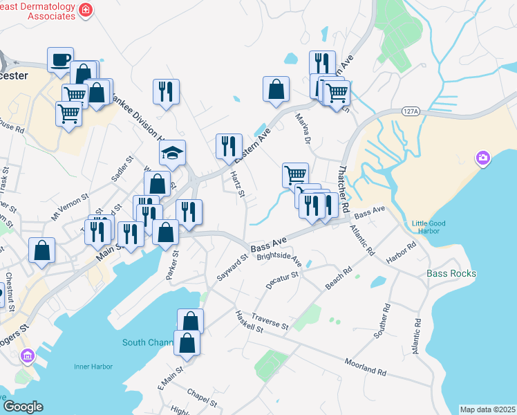 map of restaurants, bars, coffee shops, grocery stores, and more near 13 Hartz Street in Gloucester