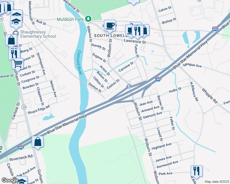 map of restaurants, bars, coffee shops, grocery stores, and more near 68 Arnold Avenue in Lowell