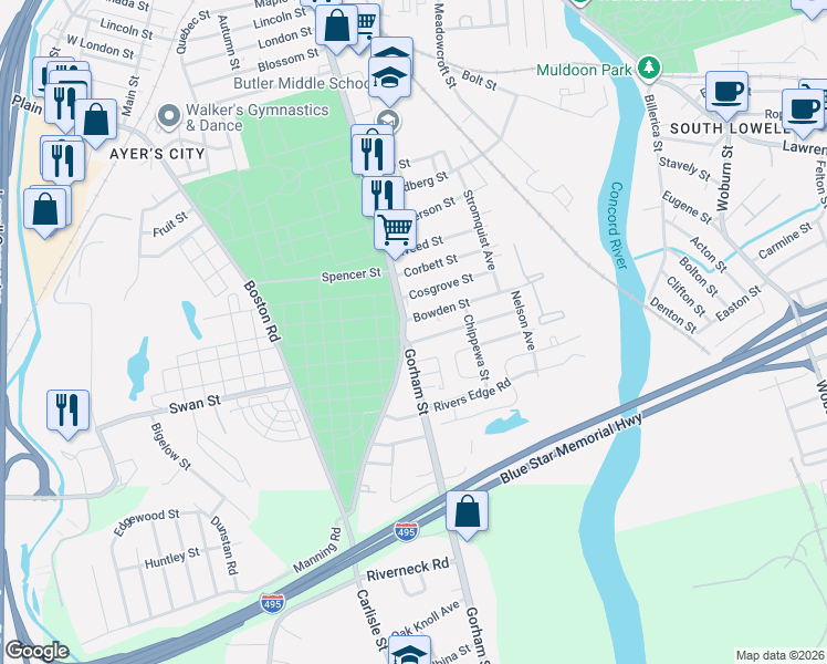 map of restaurants, bars, coffee shops, grocery stores, and more near 1392 Gorham Street in Lowell