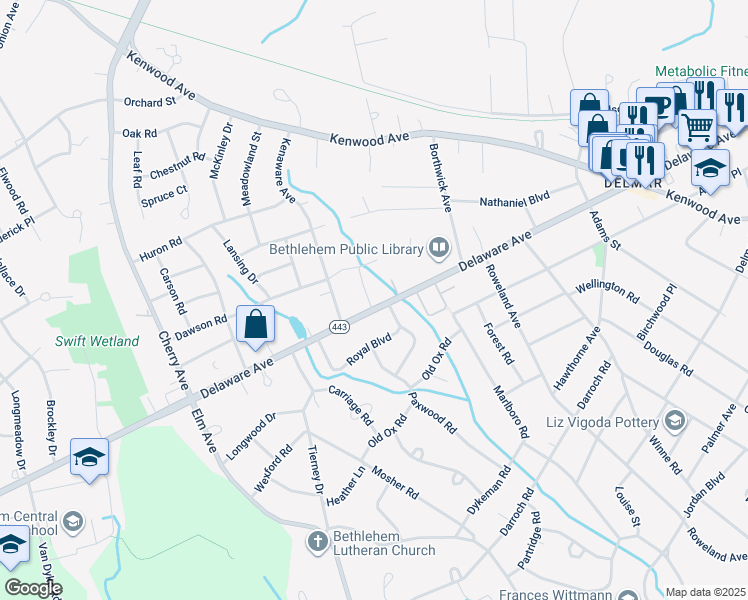 map of restaurants, bars, coffee shops, grocery stores, and more near 500 Delaware Avenue in Delmar