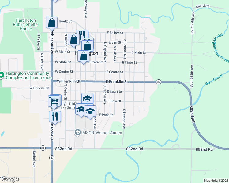 map of restaurants, bars, coffee shops, grocery stores, and more near 301 South Oak Avenue in Hartington