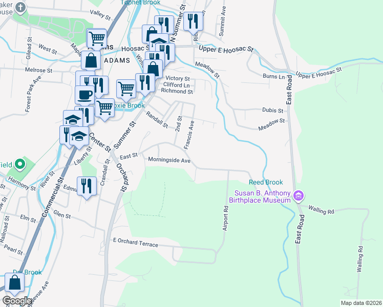 map of restaurants, bars, coffee shops, grocery stores, and more near 45 Morningside Avenue in Adams