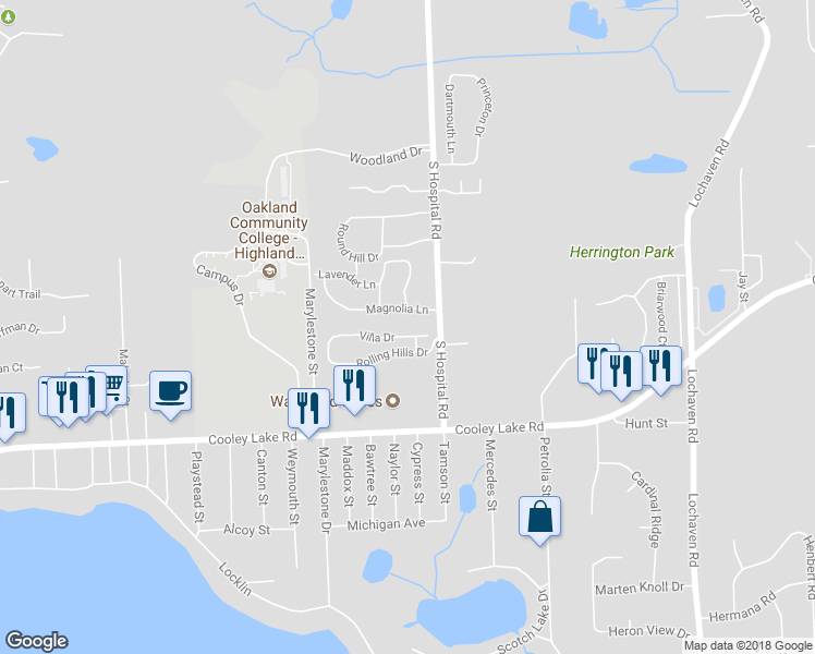 map of restaurants, bars, coffee shops, grocery stores, and more near 7040 Villa Drive in Waterford charter Township