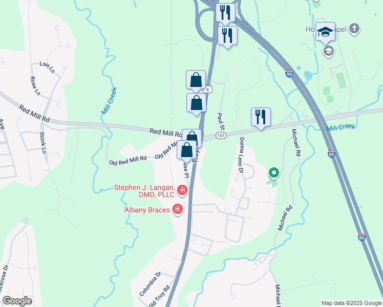 map of restaurants, bars, coffee shops, grocery stores, and more near 8 Couse Place in East Greenbush