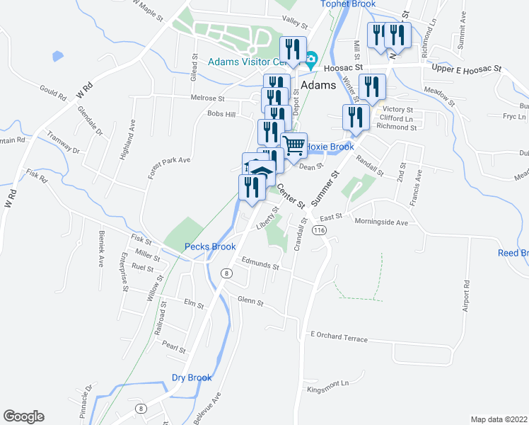 map of restaurants, bars, coffee shops, grocery stores, and more near 14 Commercial Street in Adams