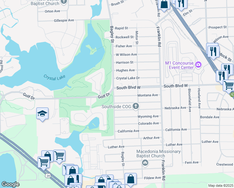 map of restaurants, bars, coffee shops, grocery stores, and more near 604 Montana Avenue in Pontiac