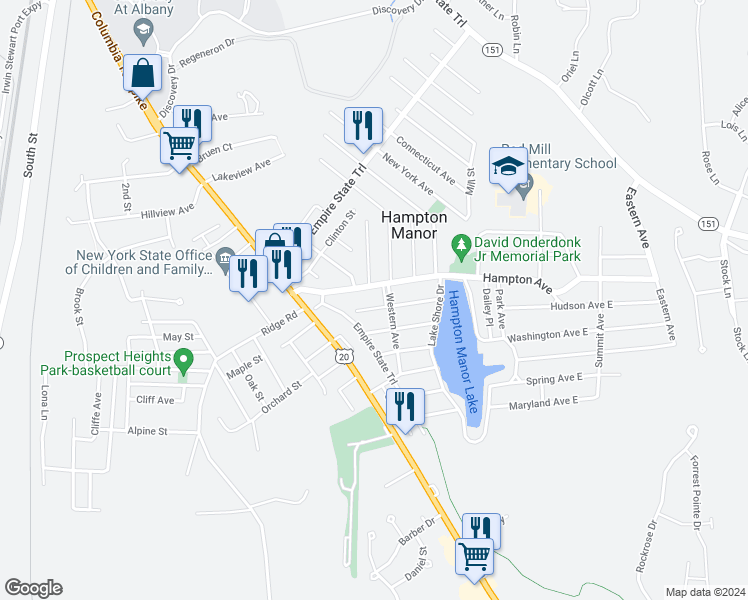 map of restaurants, bars, coffee shops, grocery stores, and more near 28 Hampton Avenue in Rensselaer