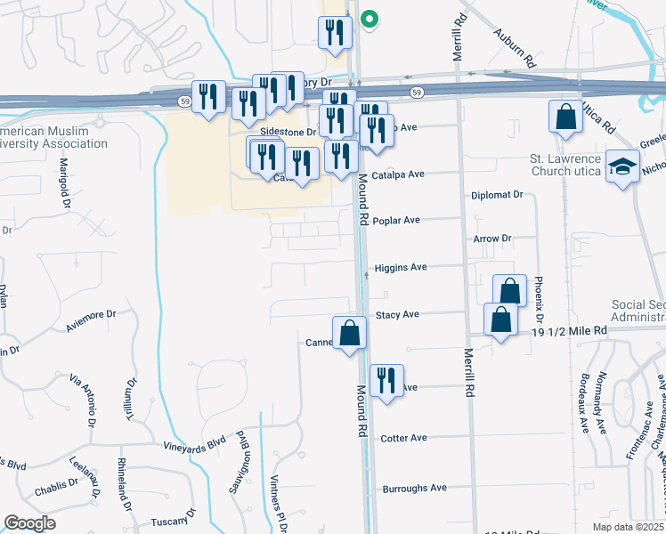 map of restaurants, bars, coffee shops, grocery stores, and more near 5800 Pine Aires Drive in Sterling Heights