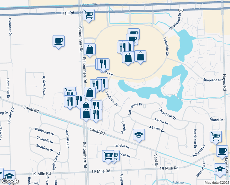 map of restaurants, bars, coffee shops, grocery stores, and more near 13810 Horseshoe Drive in Sterling Heights