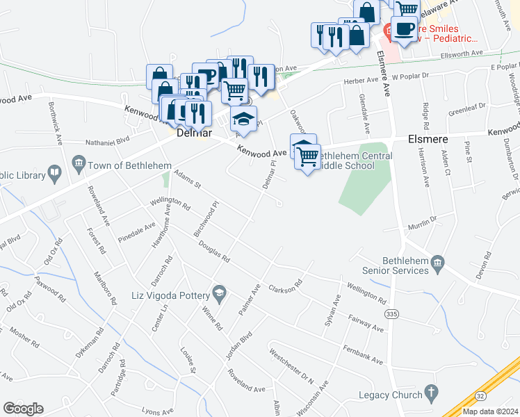 map of restaurants, bars, coffee shops, grocery stores, and more near 60 Delmar Place in Delmar