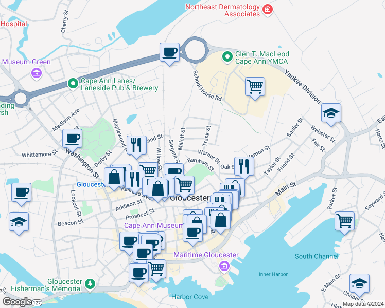 map of restaurants, bars, coffee shops, grocery stores, and more near 13 Burnham Street in Gloucester